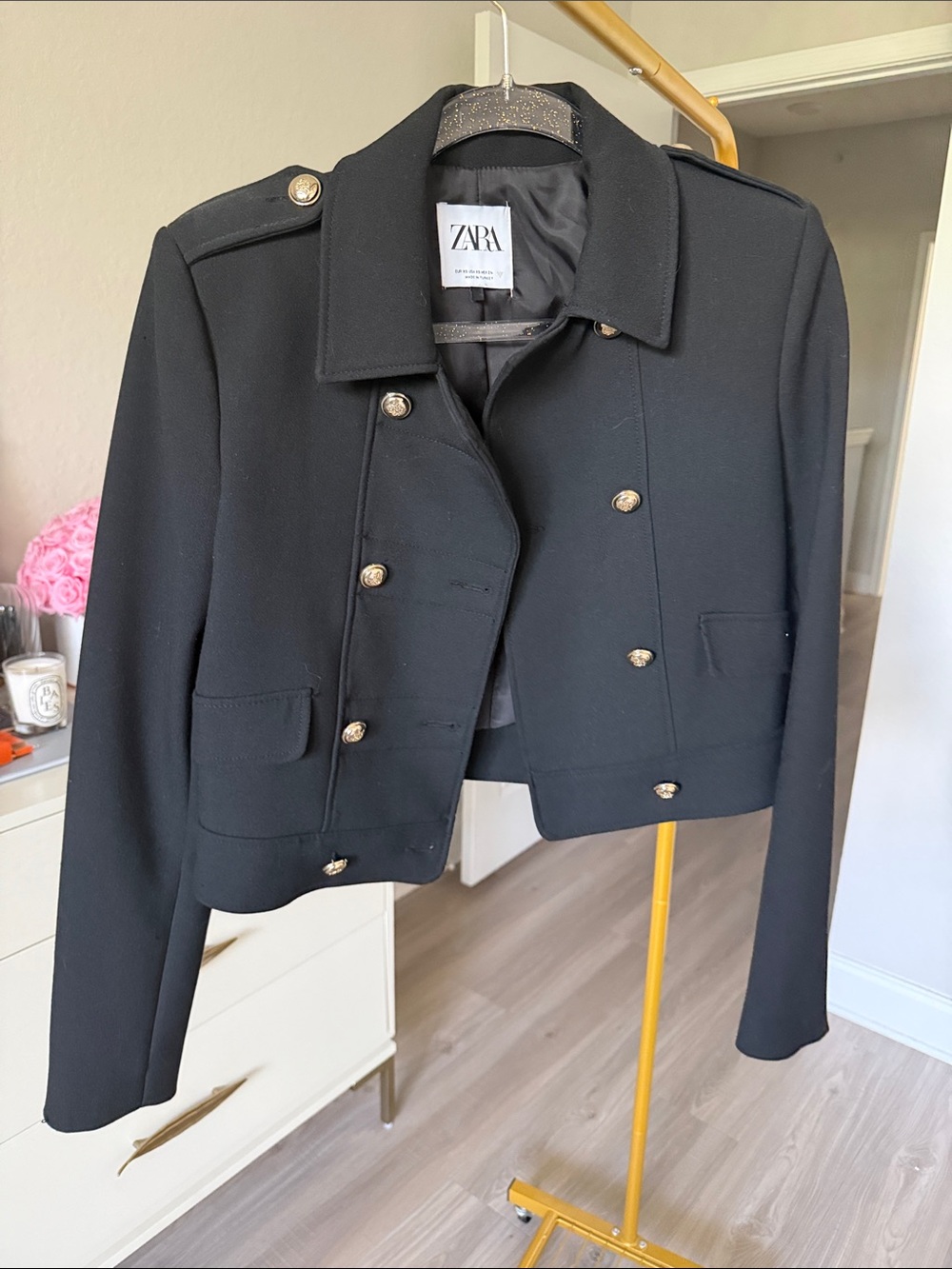 Zara Black Double-Breasted Cropped Military-Style Blazer